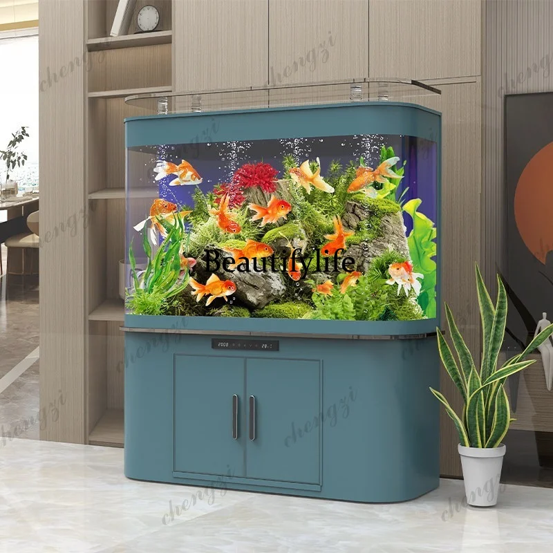 The new fish tank aquarium is filtered against the wall, large, medium and small living room, lazy ecology, water-free goldfish