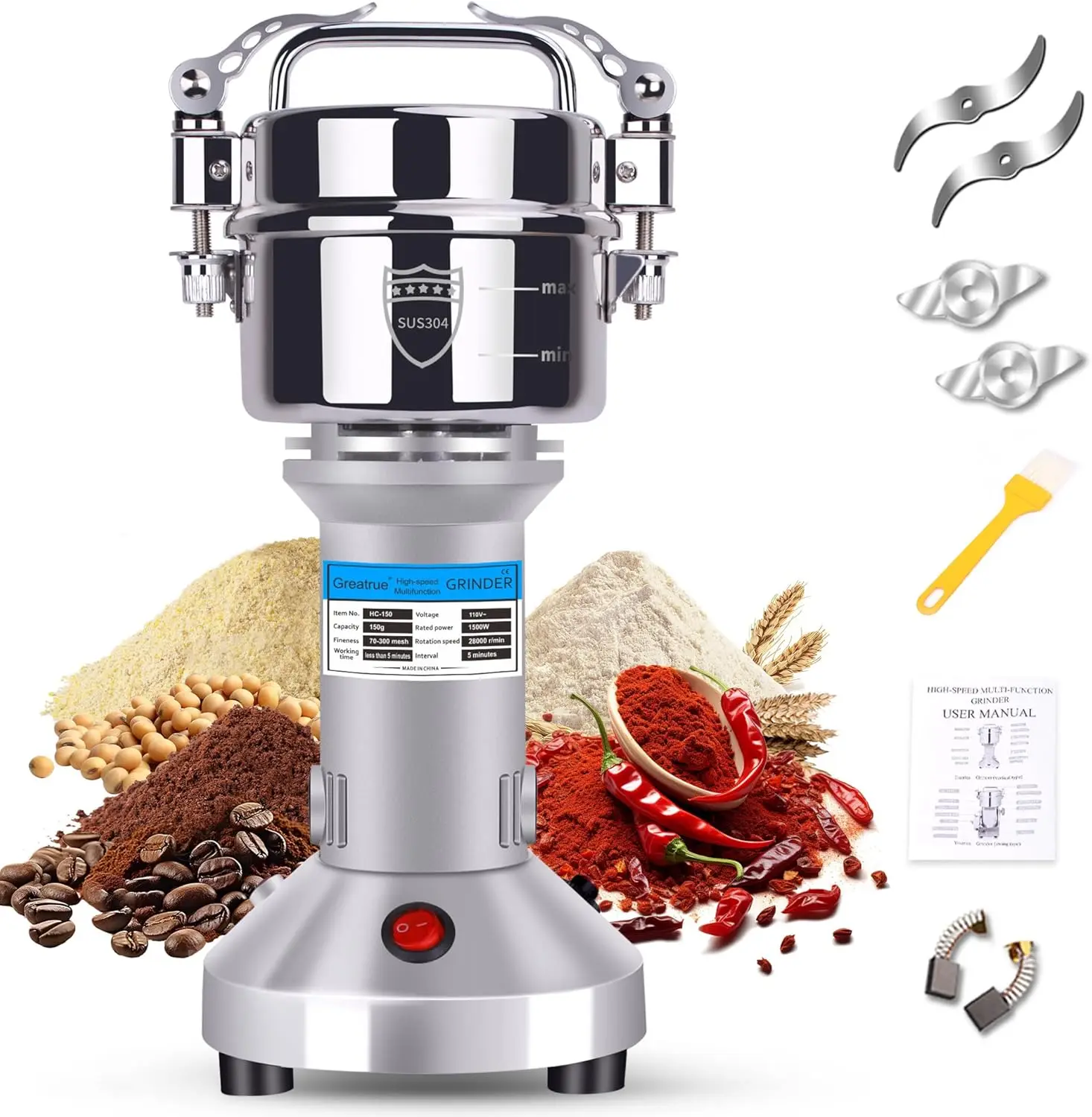 

1500W Electric Grain Mill Grinder, Stainless Steel Flour Mill for Wheat, Corn, Spices & Coffee Beans