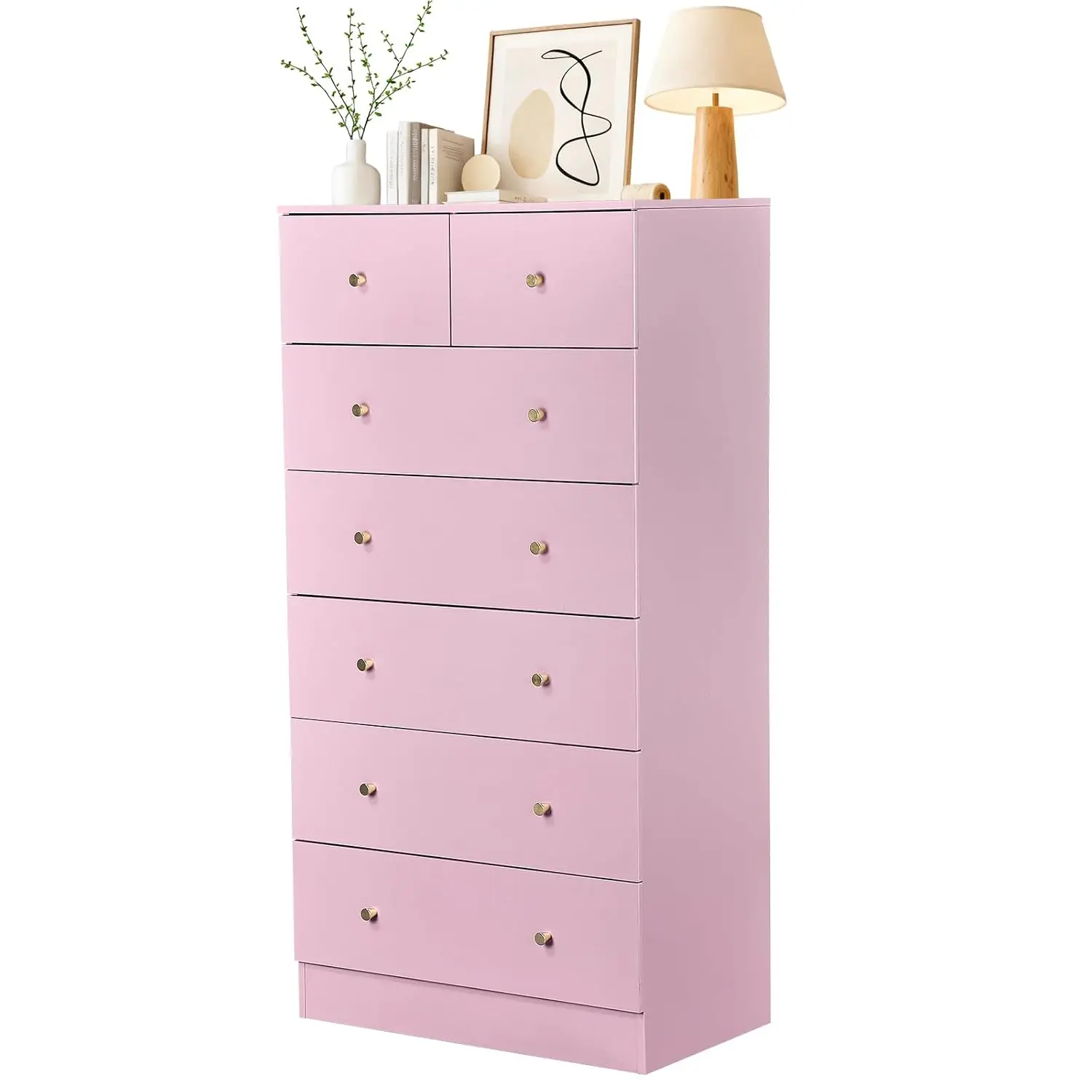 Pink 7 Drawer Dresser, Rose Gold Handle Modern Bedroom Chest, Customized