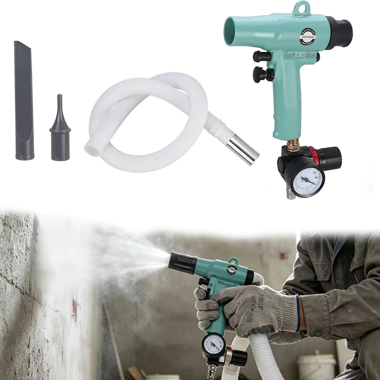 Pneumatic Art Paint Spray Adjustable Pressure Dual Suction Blow For Colorful Shell Flakes Texture Coating Tool With 1.1m Tube
