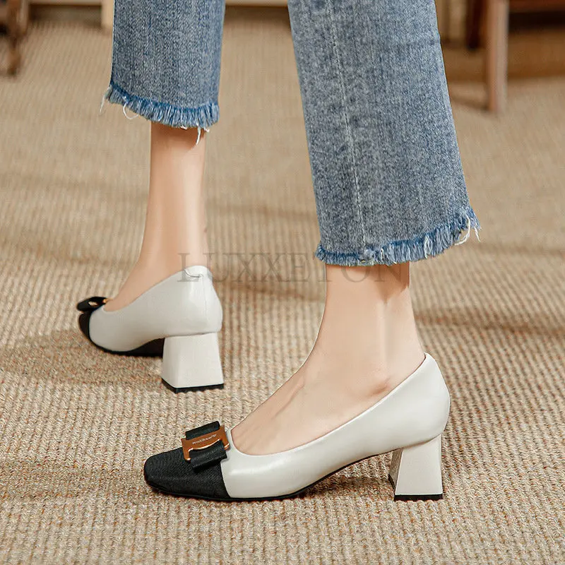 Metal Buckle Leather High Heels Spring  Autumn Cowhide Women\'s Shoes Soft Comfortable Work Shoes Pumps