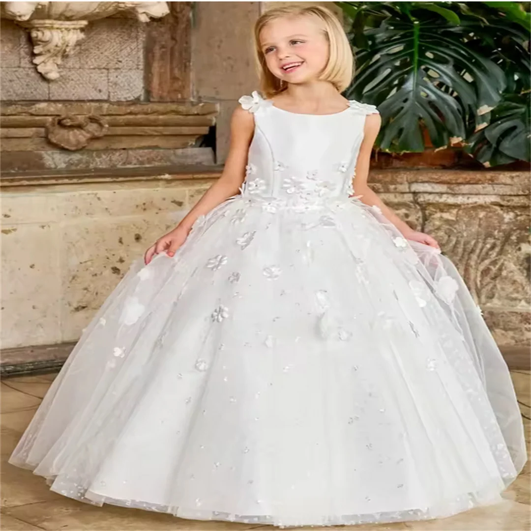 Flower Girl Dresses White Tulle Flowers With Trailing Sleeveless For Wedding Prom Birthday Party First Communion