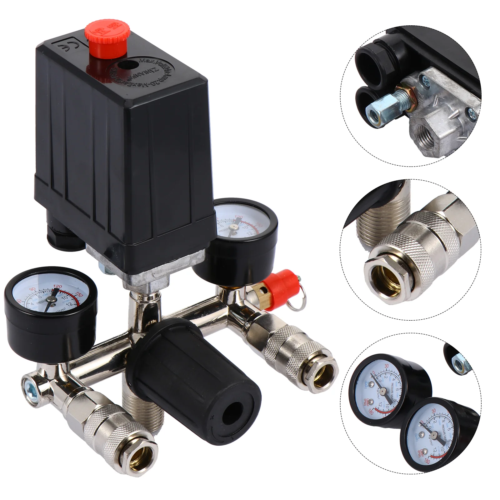 

Quick Catch Air Compressor Pressure Control Bracket Assembly Regulator Gauge Plastic and Zinc Alloy Copper Manifold