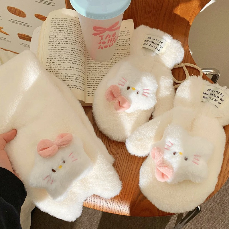 Kawaii Hello Kitty Plush Gloves Scarf Anime Sanrios Kt Cat Thermal Hanging Neck Mittens Winter Keep Warm Glove Girl Gift