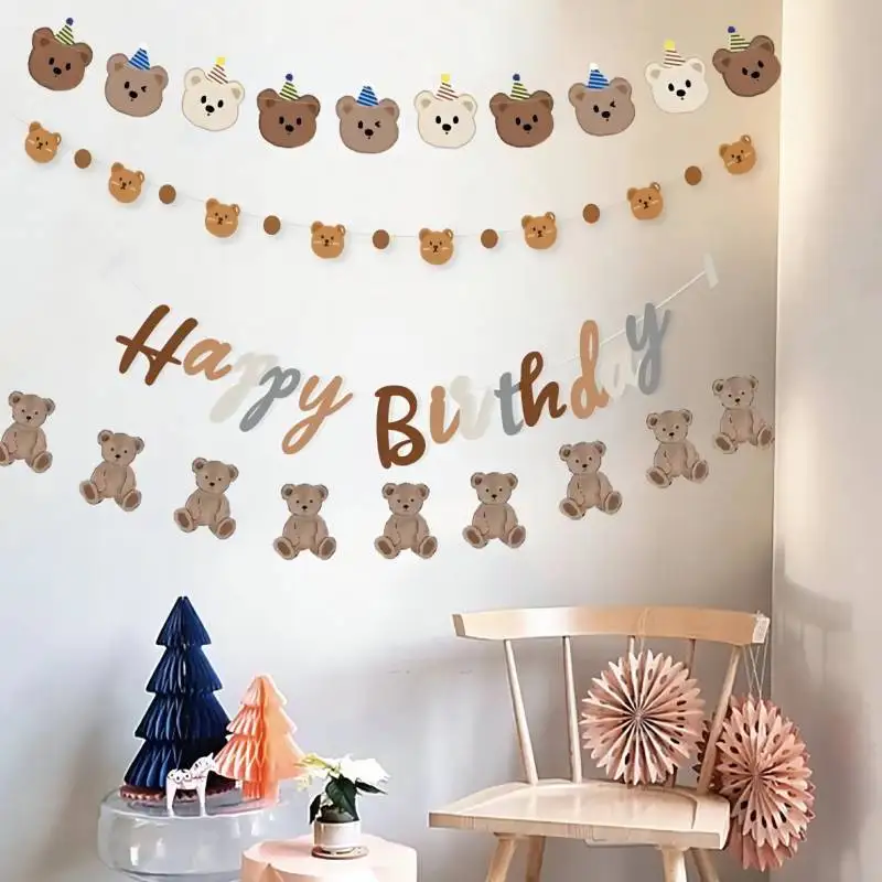 Guirnalda de oso de cartón para niños, cartel con letras de feliz cumpleaños, suministros de decoración para fiestas de cumpleaños, decoración de habitación, 2,5 M, 1 Juego