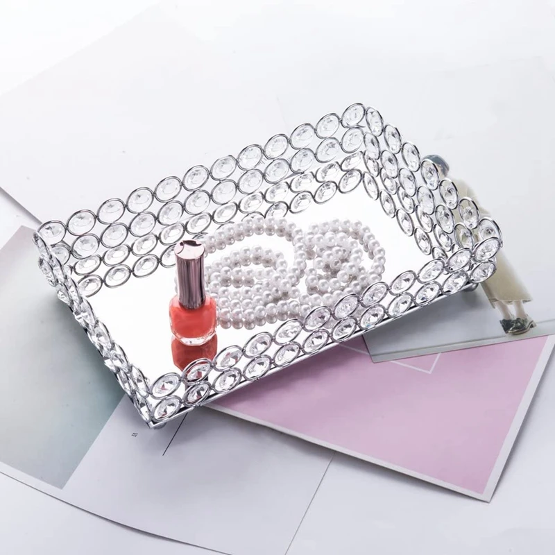 Crystal Rectangle Cosmetic Tray Jewelry Trinket Organizer Mirror Decorative Tray Perfume Skin Care Organizer(Silver)