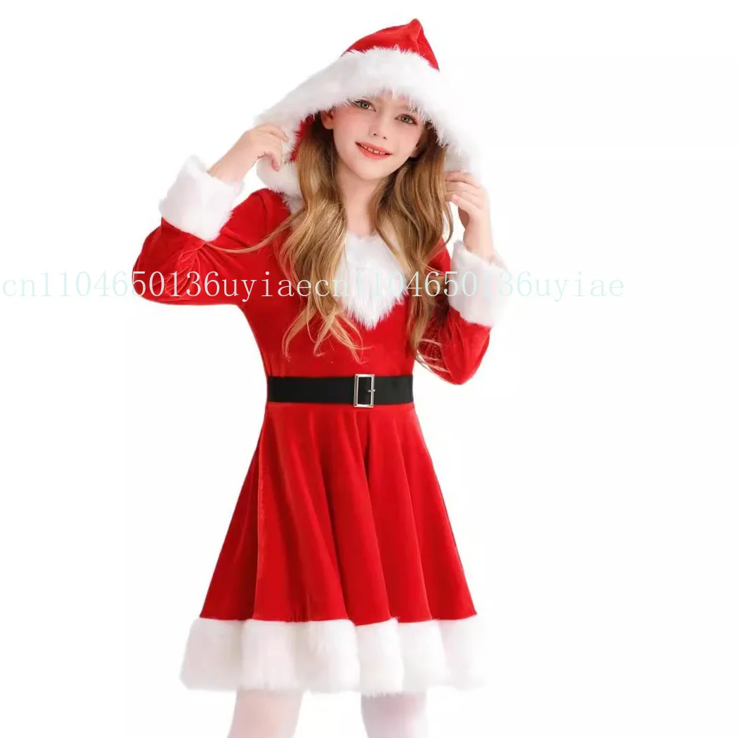 Gaun Natal Anak Perempuan Kostum Santa Claus Cosplay Gaun Pesta Berkerudung Merah Set Pakaian Mewah Hadiah Natal