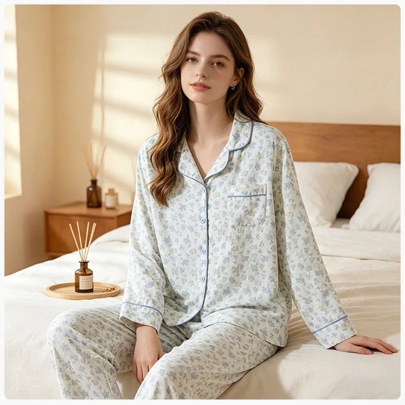 Women's Premium 100% Pure Cotton Pajama Set. Vintage Floral Long Sleeve Button-Down Sleepwear with Elegant Piping Detail.