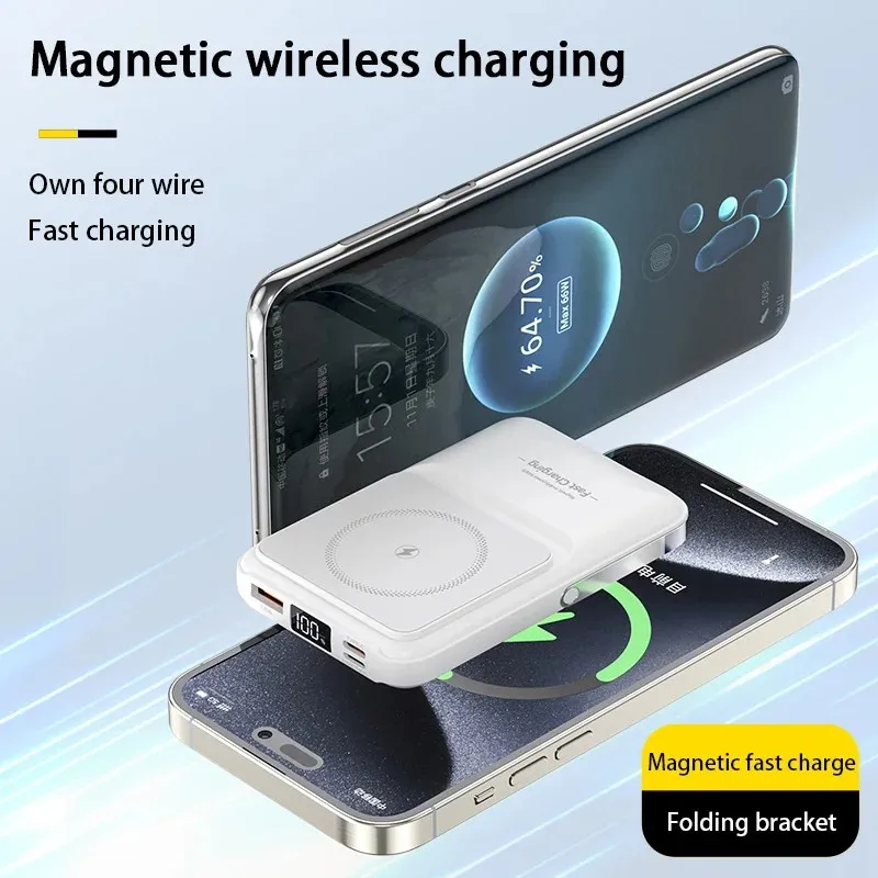 Banco de potência magnético sem fio 2 em 1, 4 fios embutidos, portátil, 50000mAh, bateria externa com suporte, banco de potência para iPhone Samsung