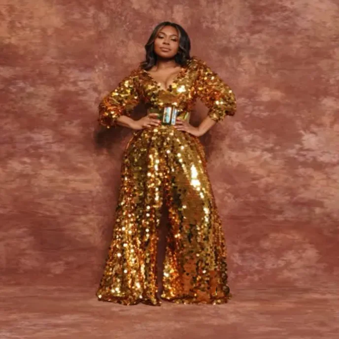 반짝이는 골드 스팽글 맥시 드레스 여성 의상 여성 의류 패션 팬츠 재킷 스팽글 V넥 롱 프롬 가운