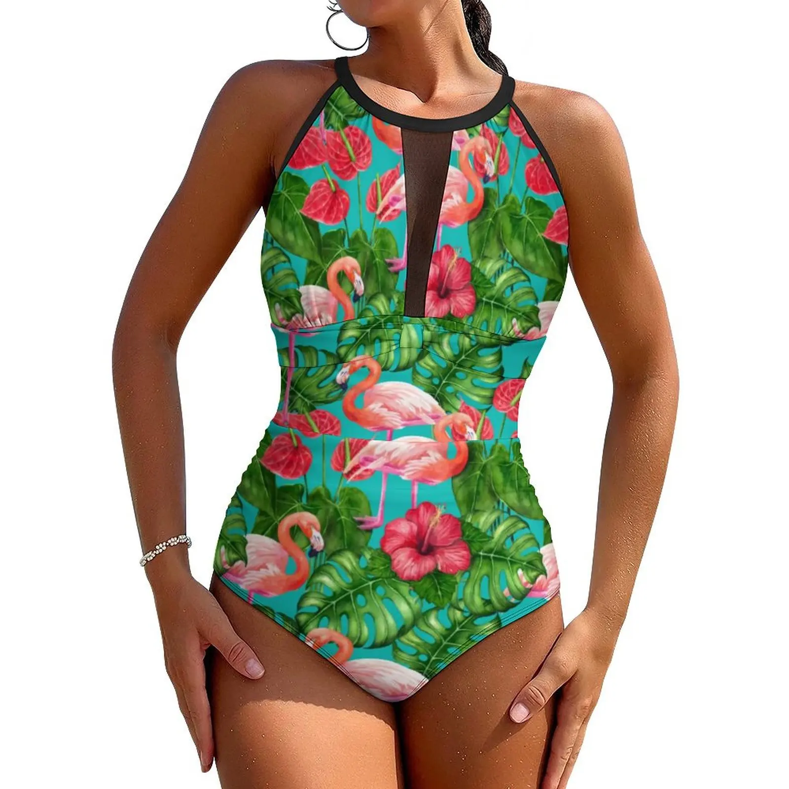 Flamingo Birds Swimsuit Tropical Garden Swimwear Holiday Rave Bodysuit Hollow Out Bathing Suits Women Push Up Sexy Beach Outfits