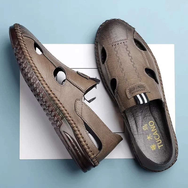 

Casual Hollow out Top Layer Cowhide Men's Sandals Breathable Comfortable Summer Slip-On oes Simple High-End Feeling