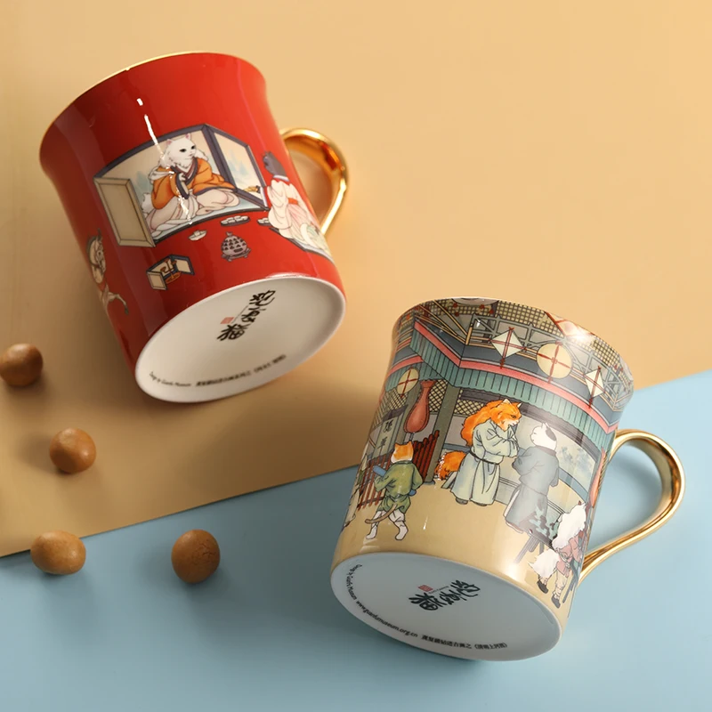 

Retro Cat National Style Bone Porcelain Painted Gold Mug Home Office Coffee Cup Couple Gift Water