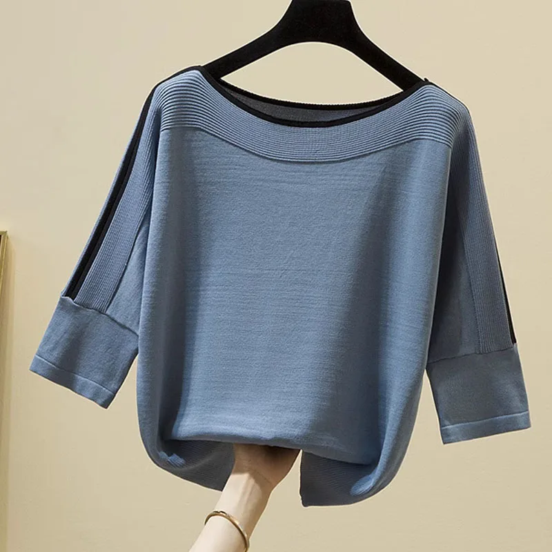 New Fashion Ice Silk Knitted T-shirt Women Half Sleeve O Neck Tshirts Summer Woman Tops Casual Loose Lady Tees Clothes 14425