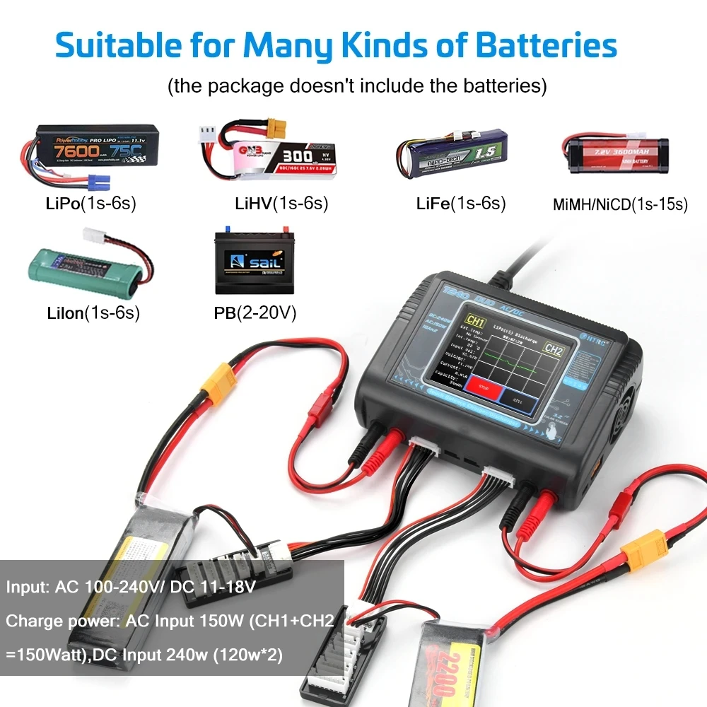 HTRC T240 Lipo Battery Charger Dual Channel High Power AC 150W DC 240W For Liion LiFe LiHV NiCd NiMH PB Smart Battery Discharger