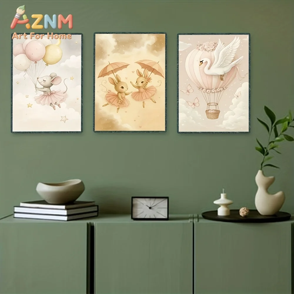 AZNM Ballerina Animal Canvas Wall Art Mouse Rabbit Swan Hot Air Balloon Cloud Frameless Canvas Painting Nursery Girls Room Home