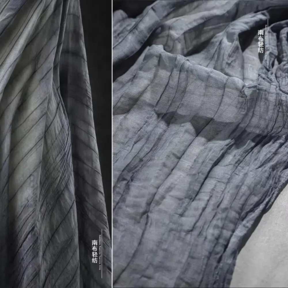 

Black Gray Retro Pleated Nylon Yard Fabric for Light Thin Stripes Dress Fashion Clothing Designer Diy Sewing Cloth Per Meter