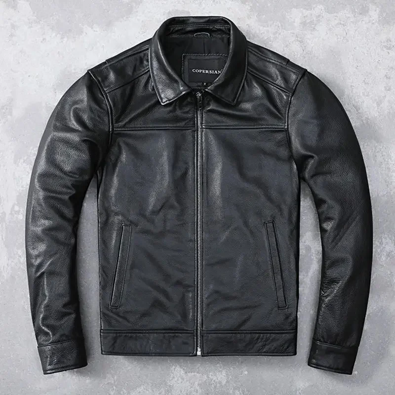 Black Casual Men Genuine Leather Jacket Man Lapel Short Large Size Coat Spring Autumn Soft Real 100% Cowhide New