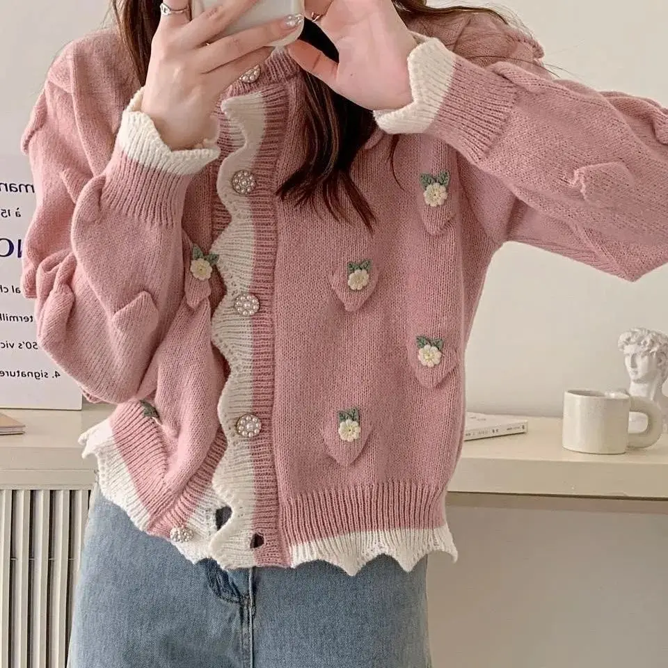 

Spring And Autumn New Short Knitted Cardigan Women's Flower Thin Sweater Versatile Color Matching Top Lazy Style