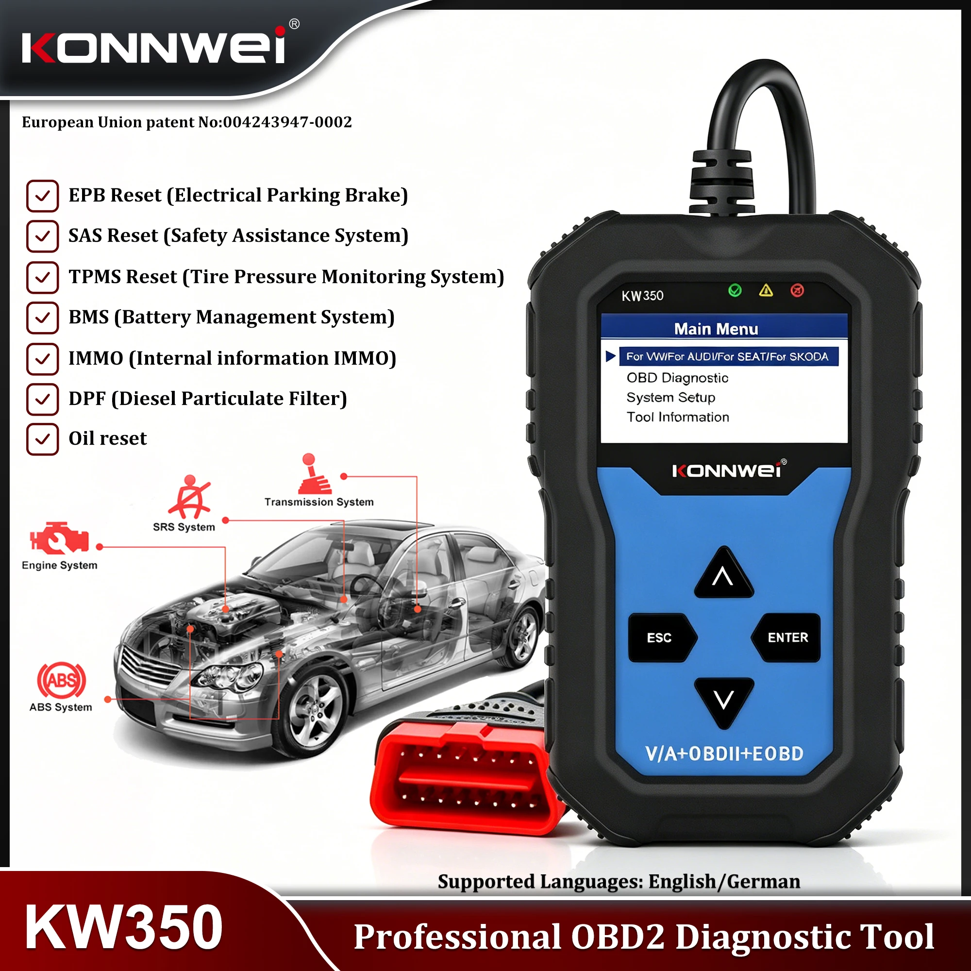 KONNWEI KW350 Professional OBDII Diagnostic Tools Full System OBD2 Car Fault Scanner Multi Function Reset Clear Codes