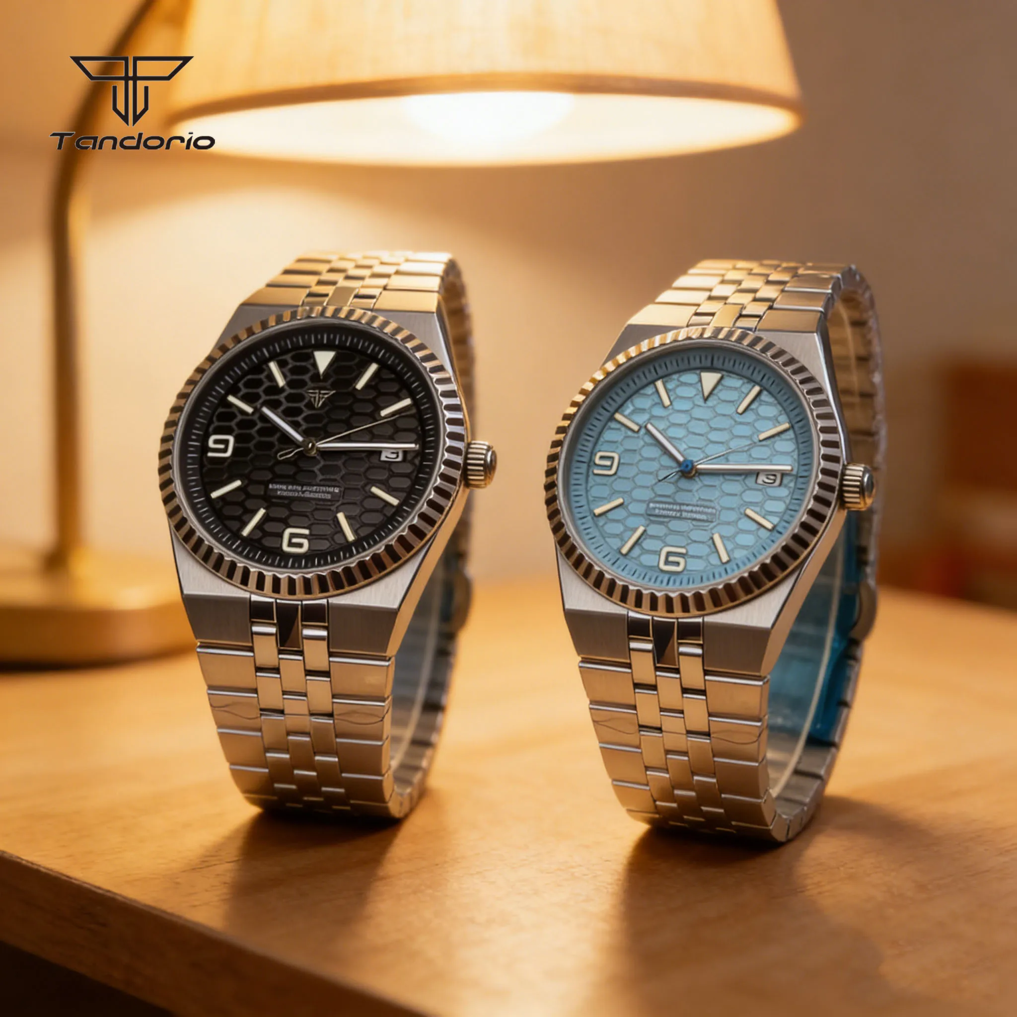 Tandorio Mechanical Men's Automatic NH35 Land-Dweller Style Watch Date Sapphire Sterile 41mm Fashion Wristwatch See-through Back