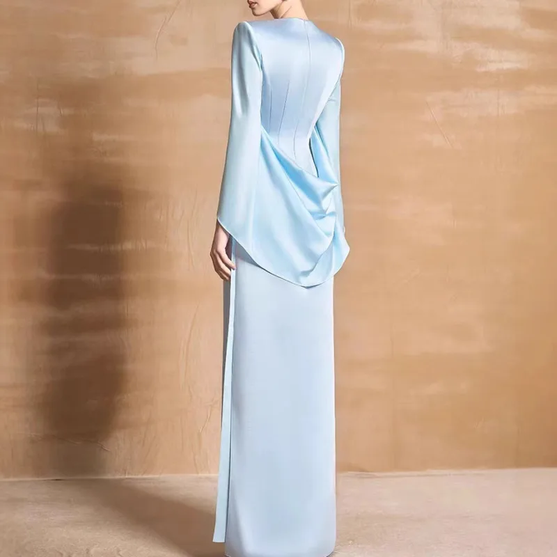 QMQA Mode dames elegante avond satijnen splitjurk eenvoudige effen kleur lange mouwen jurken 2025, nieuwe herfstkleding QM755