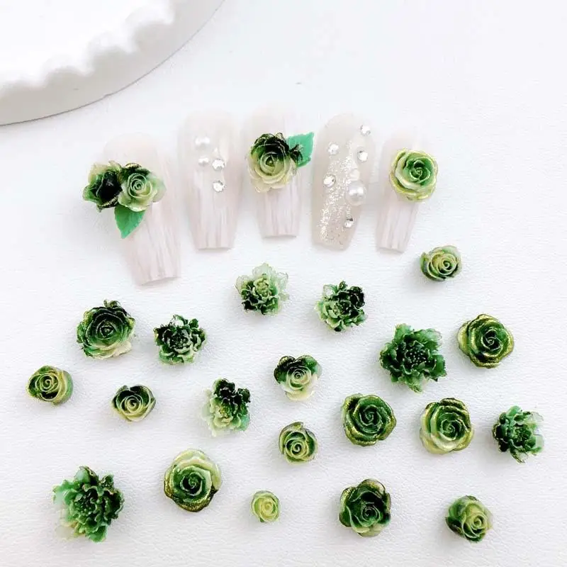 Luminous Resin Fresh Flowers Nail Art Charms Double Colors Rose with Gold Foil Inlaid Nail Decorations Accessories for DIY Nails