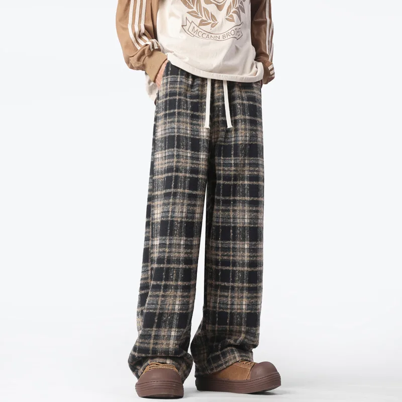 Autumn Casual Pants Men Oversized Fashion Retro Plaid Pants Men Streetwear Hip-hop Loose Wide Leg Pants Mens Vintage Trousers