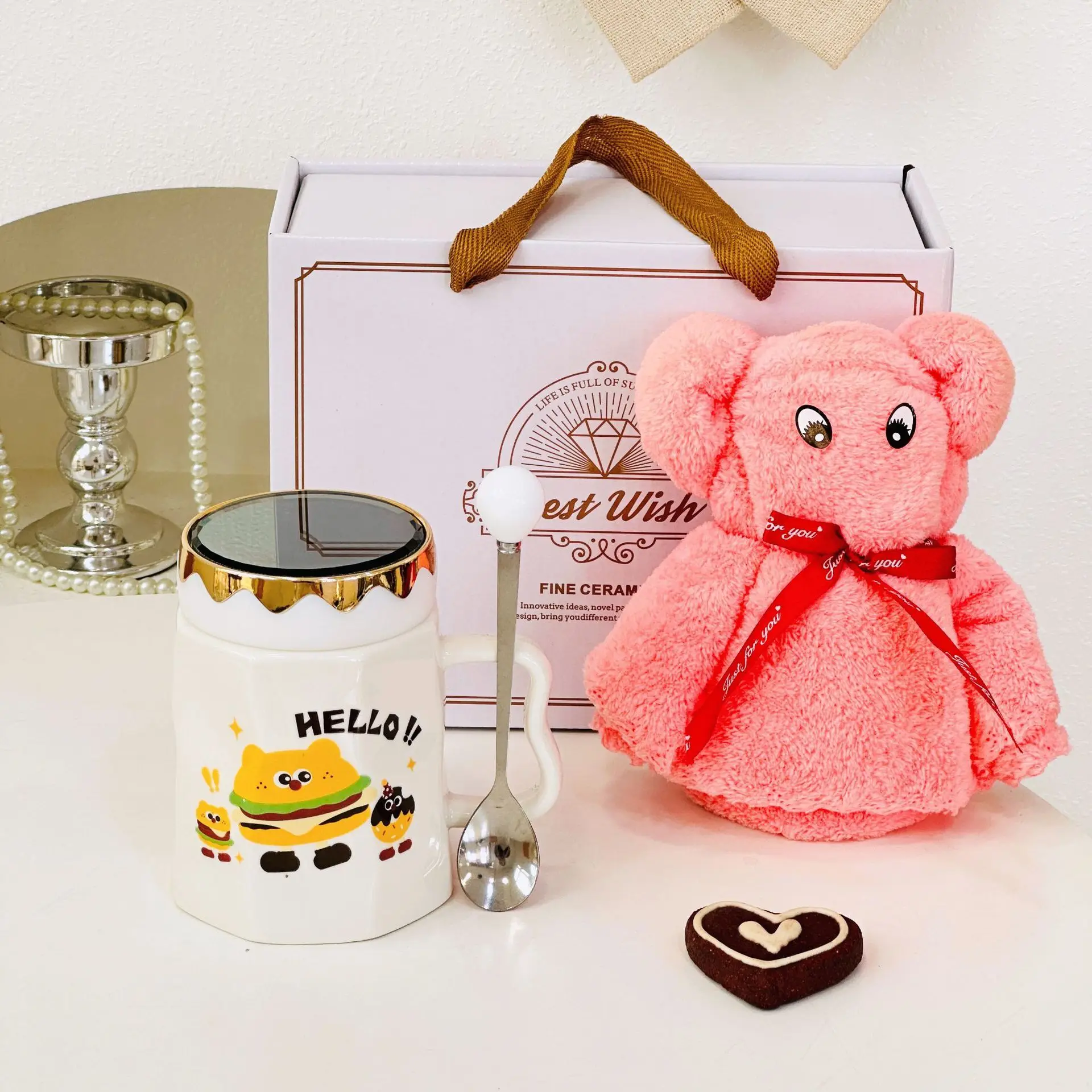 Cute Baking Mirror Cup With Lid Female Ceramic Birthday Gift Home Makeup Handheld Set