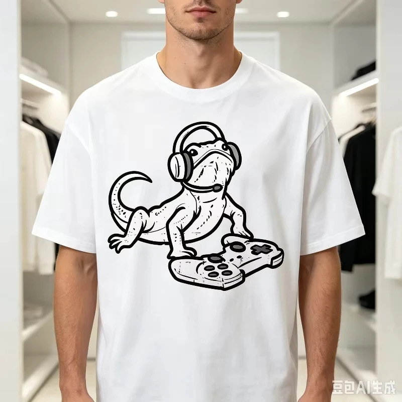 Gamer Bearded Dragon T-Shirt Men Lizard Headset Controller Print Reptile Lover Gaming Casual Tee