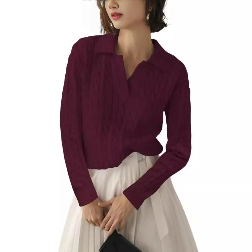 뉴 렐름 여성용 브이넥 케이블 니트 풀오버 부드러운 스웨터 가을/겨울 턴다운 칼라 캐주얼 탑 유럽 및 미국 스타일