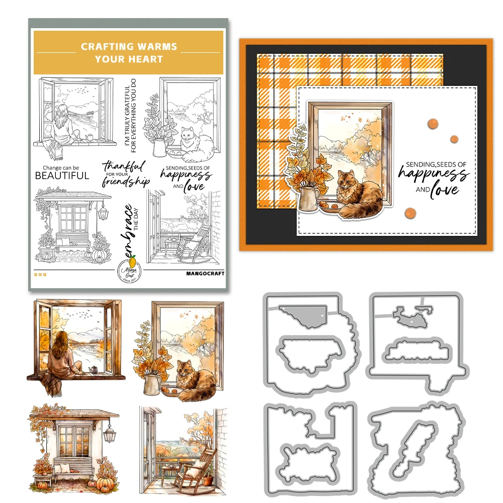 Mangocraft Autumn Days Cottage Window Cutting Dies Clear Stamp DIY Scrapbooking Metal Dies Silicone Stamp Cards Albums Decor