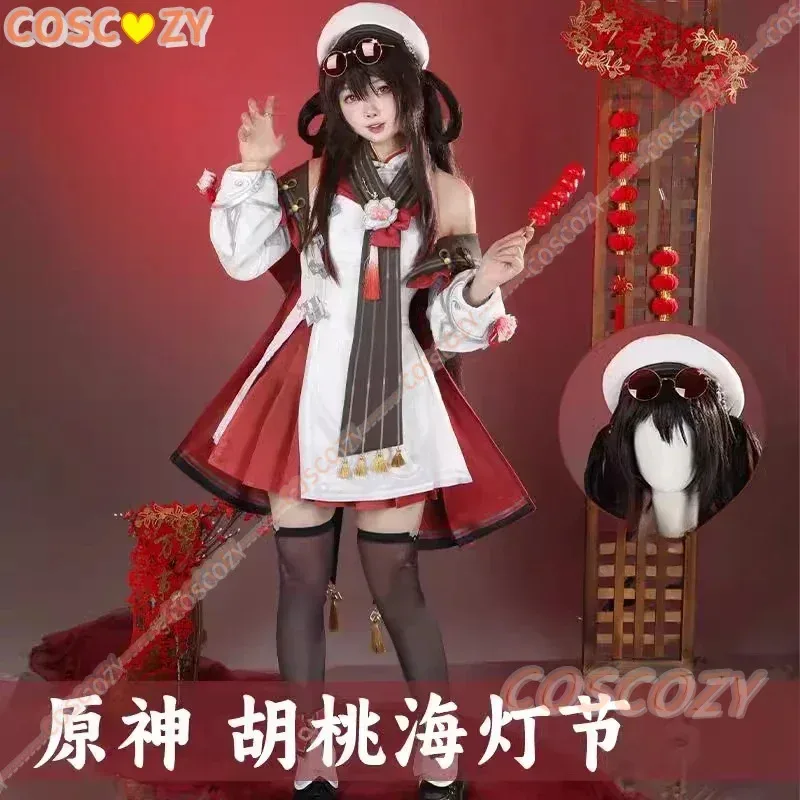 Game Genshin Impact Lantern Rite Hutao Cosplay Costume Wig Hu Tao Cherries Snow Laden Outfit Hair Red Costumes for New Year