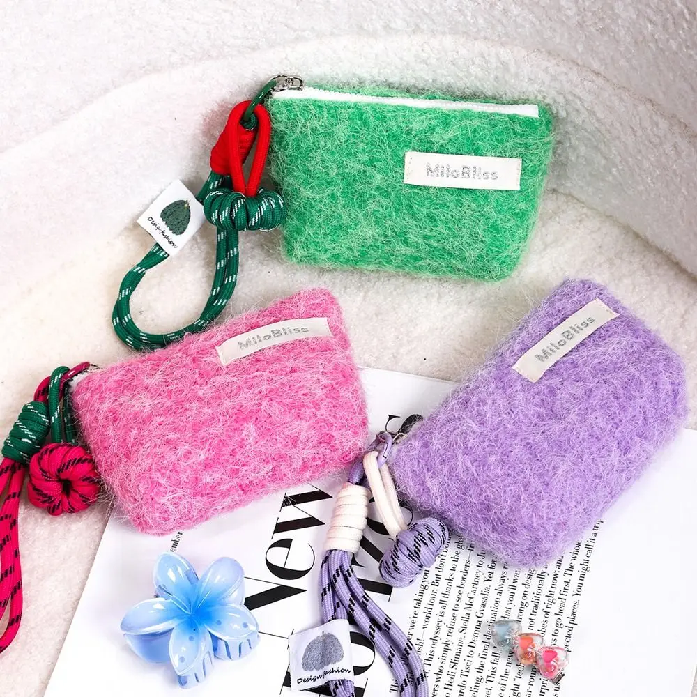 

Trendy Mini Plush Card Bags Square Korean Travel Coin Purse with Heart Pendant Ins Makeup Handbags Lipstick