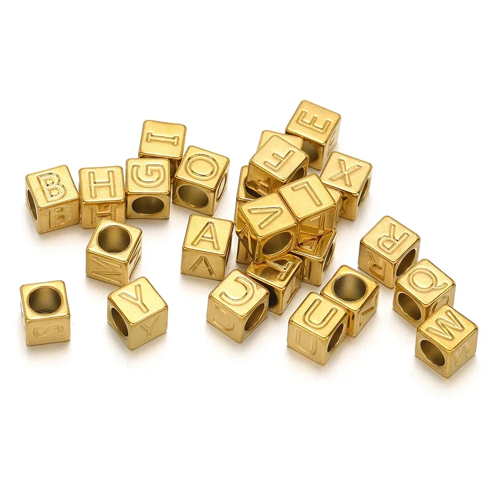 10pcs Stainless Steel 4 Sides Engraved Capital Letter Bead Square Cube Slider Bead Stamped Charm for DIY Jewelry Necklace Making