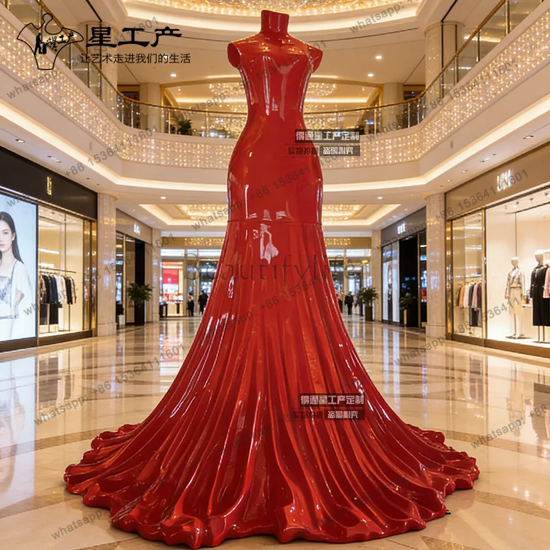 Shopping mall red dress fiberglass resin art sculpture dress clock in ornament
