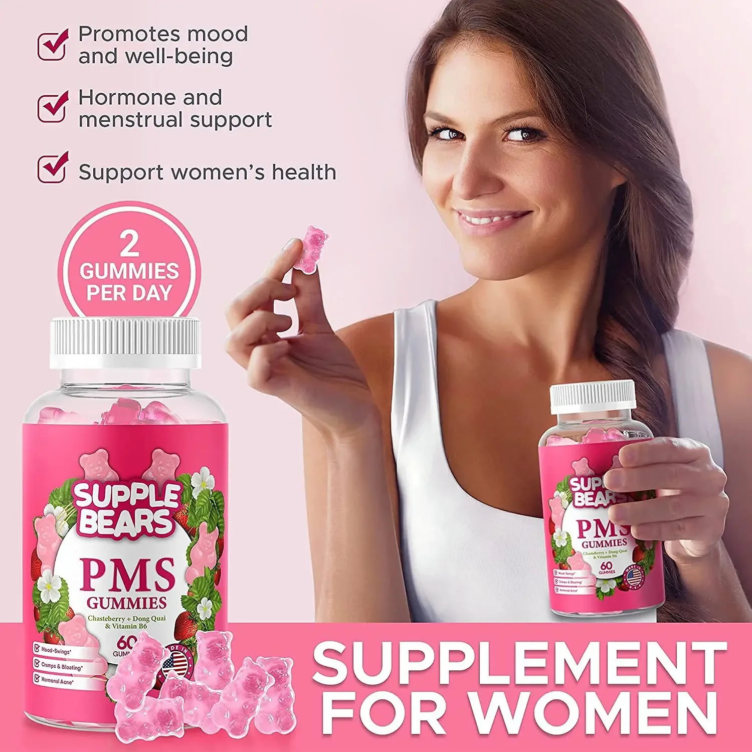 

1 Bottle Feminine Mood Relief Gummies Strawberry Flavor Menstrual Mood Relief Sleep health food