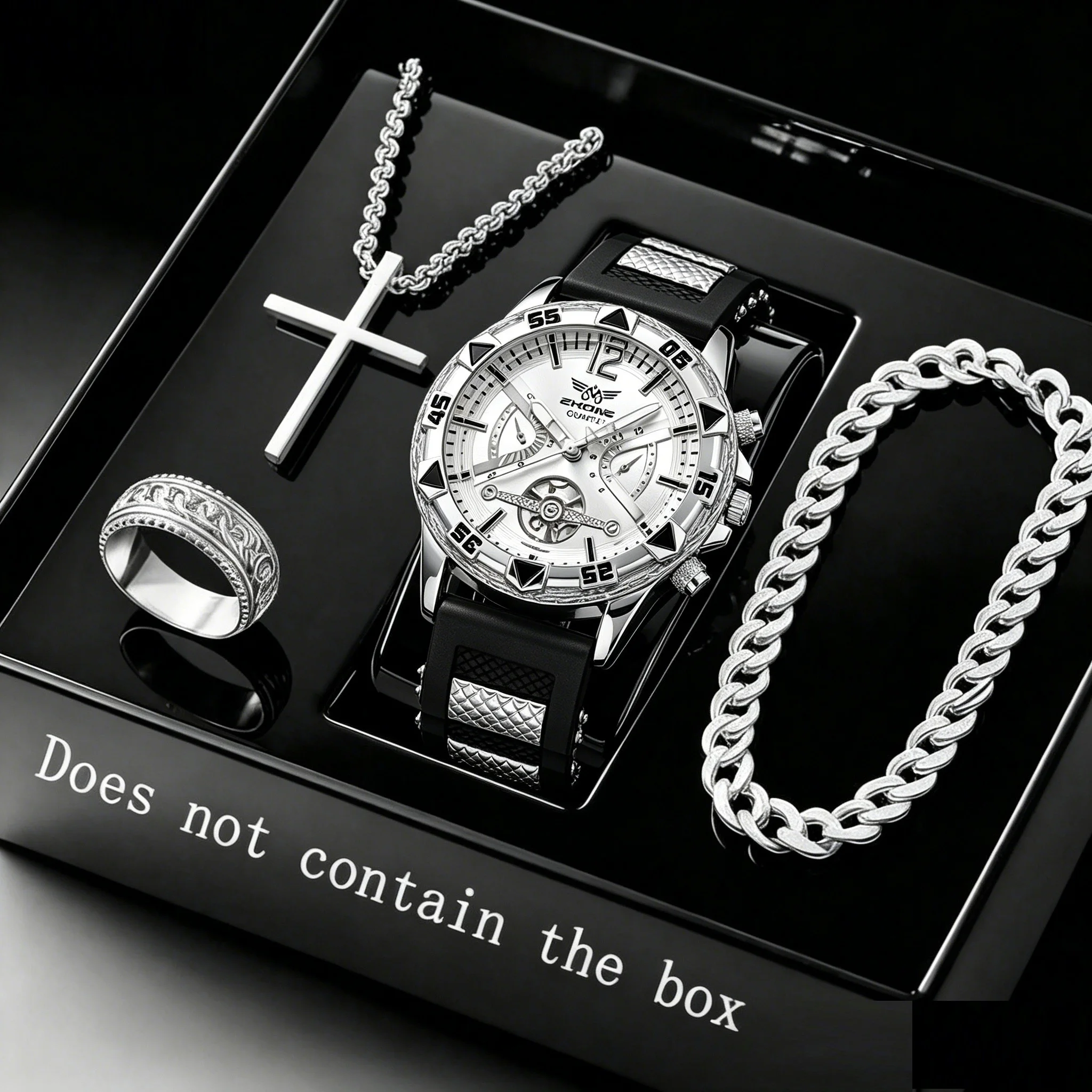 4PCS Business Sports Men's Watch Set, Round Dial, Silicone Strap, Birthday Gift Suitable for Wearing/Giving in Any Place .