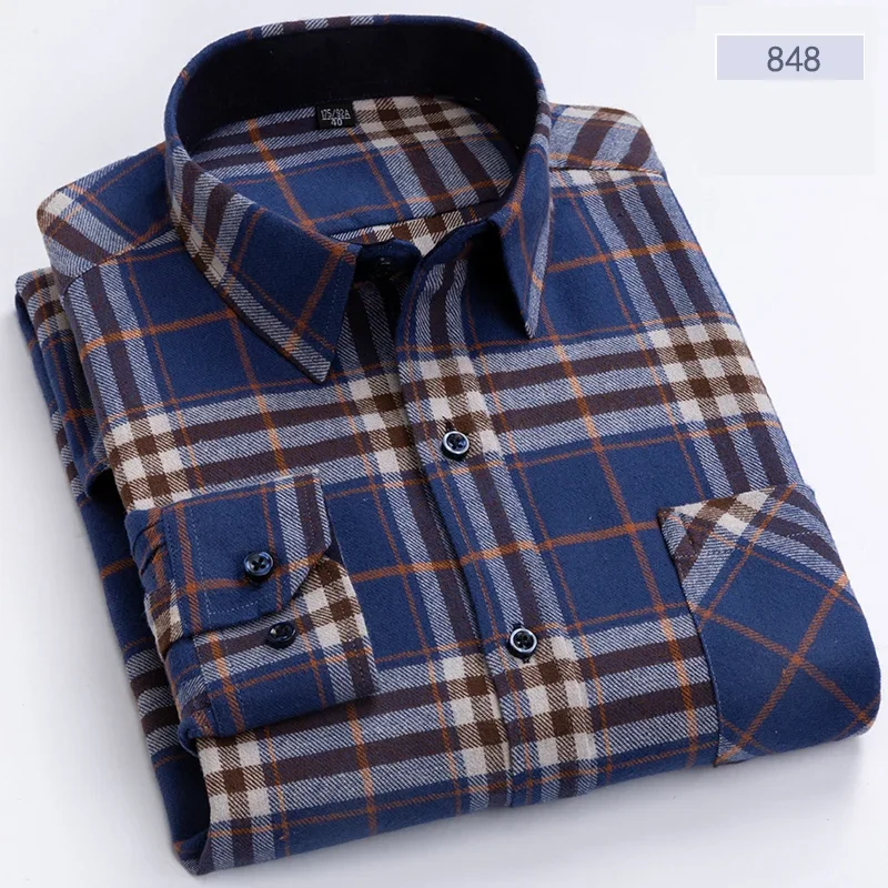 New Flannel Plaid Shirts For Men Spring Cotton Easy Care Non-iron Long Sleeve Casual Clothing Business Smart Dress Top Shirts