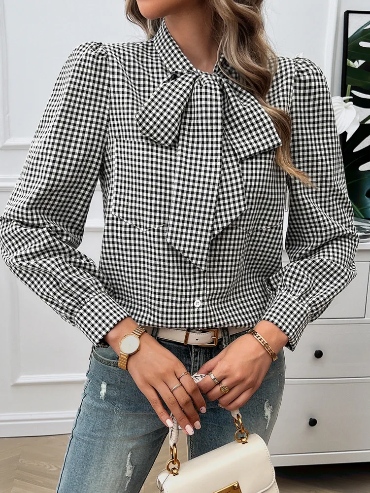 

FTLZZ Autumn Winter Office Lady Bow Puff Sleeve Plaid Shirt Casual Women Button Shirt Tops