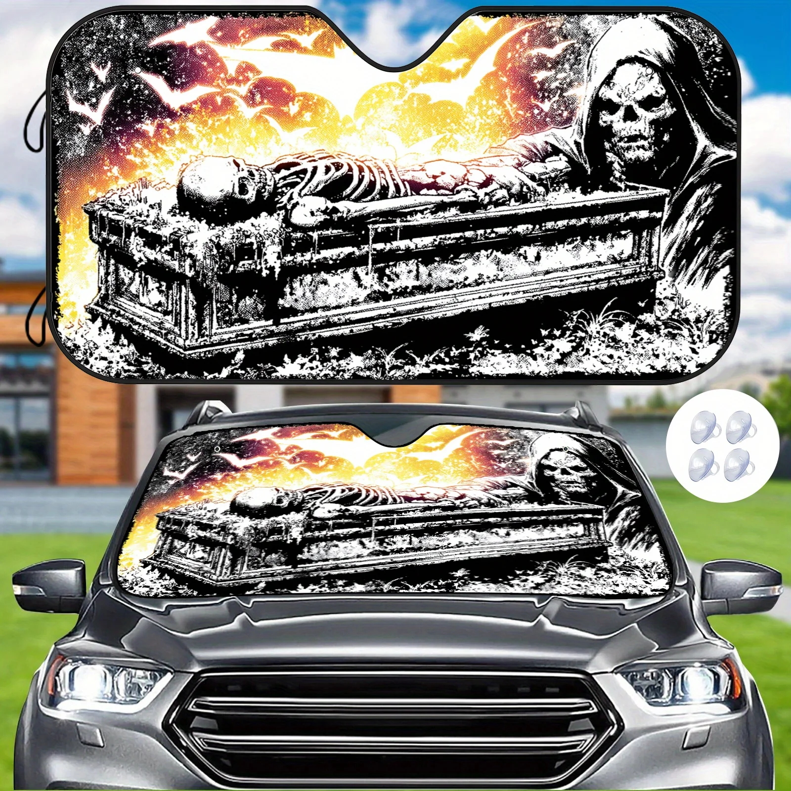 Dark Skull Car Sunshade Cover With Flame Bat Skeleton Design - Heat-Resistant UV Protection, Fit For All Vehicles, Includes Inst