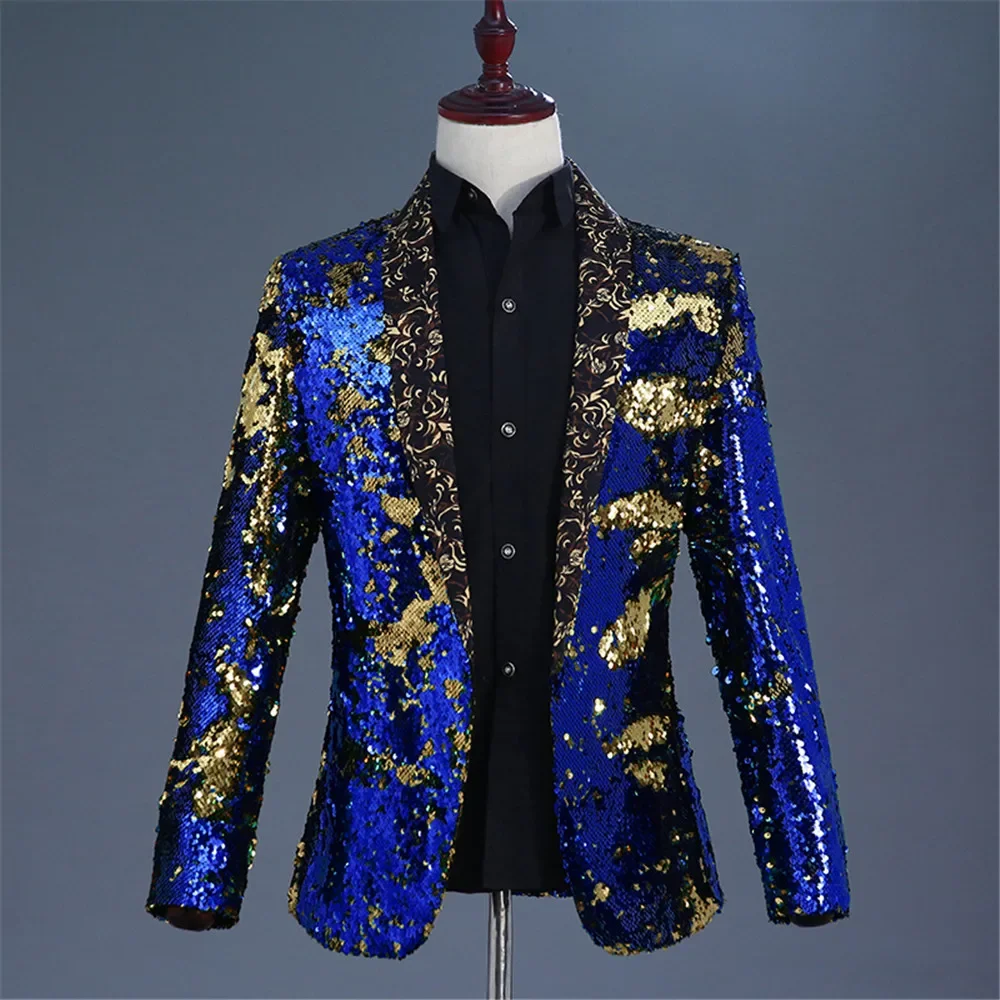 Royal Blue and Gold Sequin Blazer Men Shawl Collar Suit Jacket Show Nightclub Bar DJ Singer Host Stage Wear