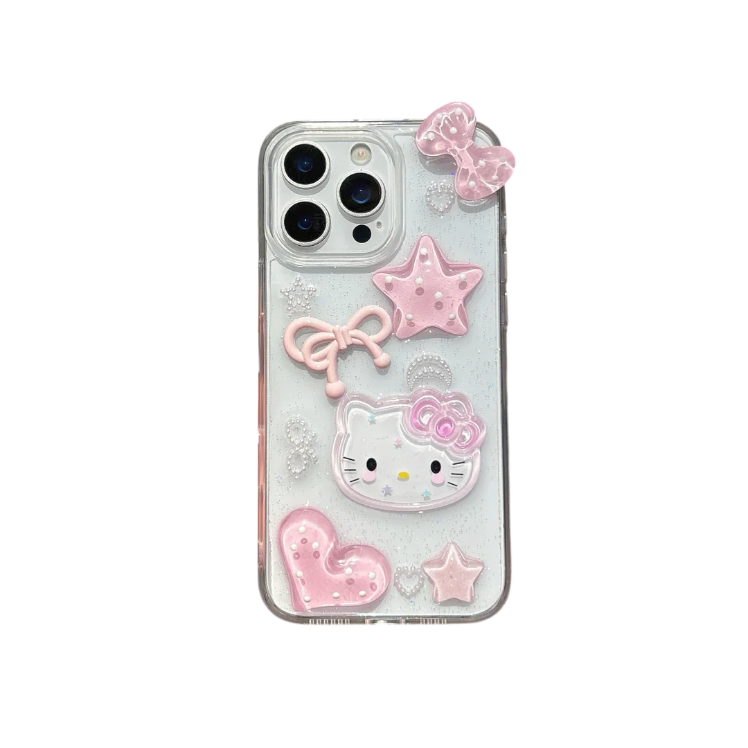 Korean Cute Pink Bow 3D Cat heart Clear Case For iPhone 16 15 14 13 12 11 Pro Max Lovely Aesthetics Shockproof Soft Cover﻿