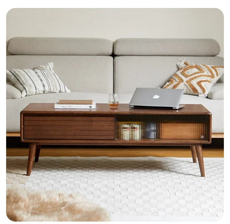Coffee table light luxury walnut color living room home glass sliding door tea table rattan tea table