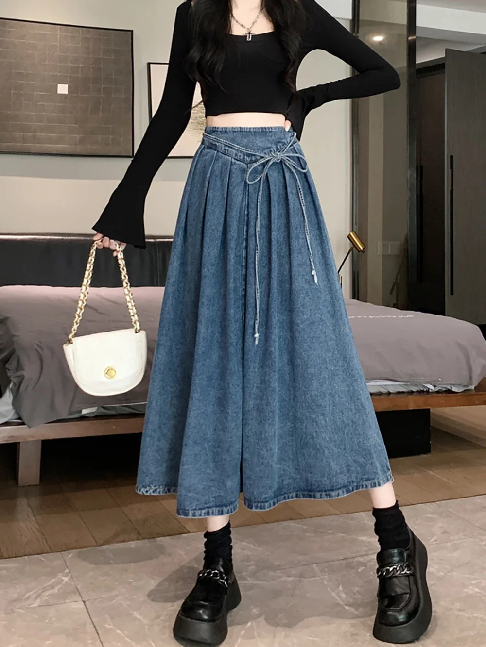 

Fashion Women's Denim Skirt 2024 Summer New Single-Breasted High-Waist Slim A-line Long Skirts Female Elastic Waist Lac-up Skirt