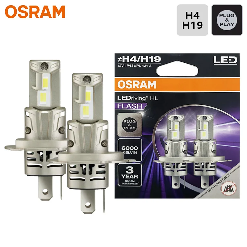 OSRAM FLASH LED H4 H19 Faros Delanteros para Automóvil P43t PU43t Lámparas de Alta Potencia Diseño Compacto 1:1 6000K Blanco Frío LED Luz Alta y Baja 64193CWFL