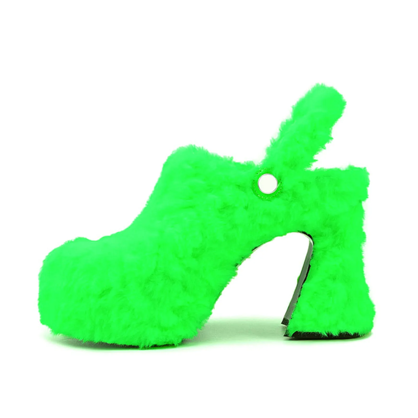 Arden Furtado Spring Fur Platform Mules Round toe Chunky heel Closed toe slippers Rear trip belt Super high heel Catwalk shoes