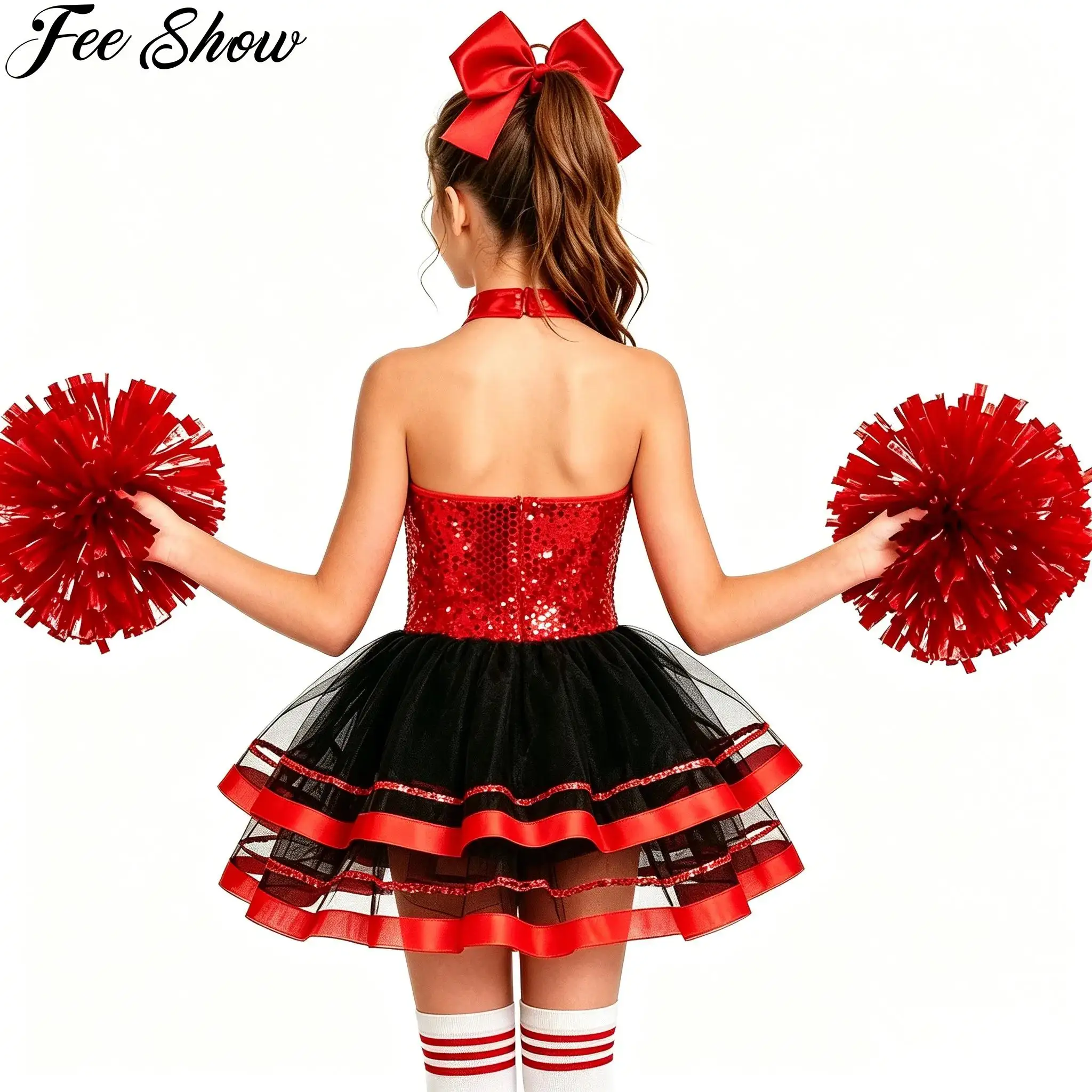 Kids Girls Cheerleading Dance Outfits Cheerleader Performance Costume Sleeveless Halter Sparkly Sequins Tulle Tutu Dress+Socks