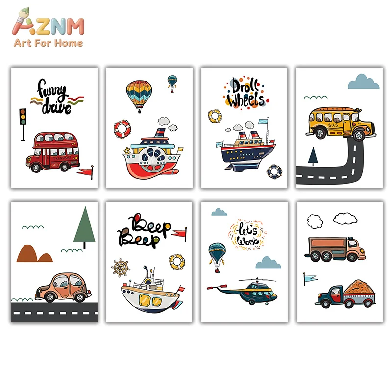 AZNM Cartoon Transportation Vehicle Canvas Wall Art Bus Ship Helicopter Truck Print Kids Nursery Bedroom Decor