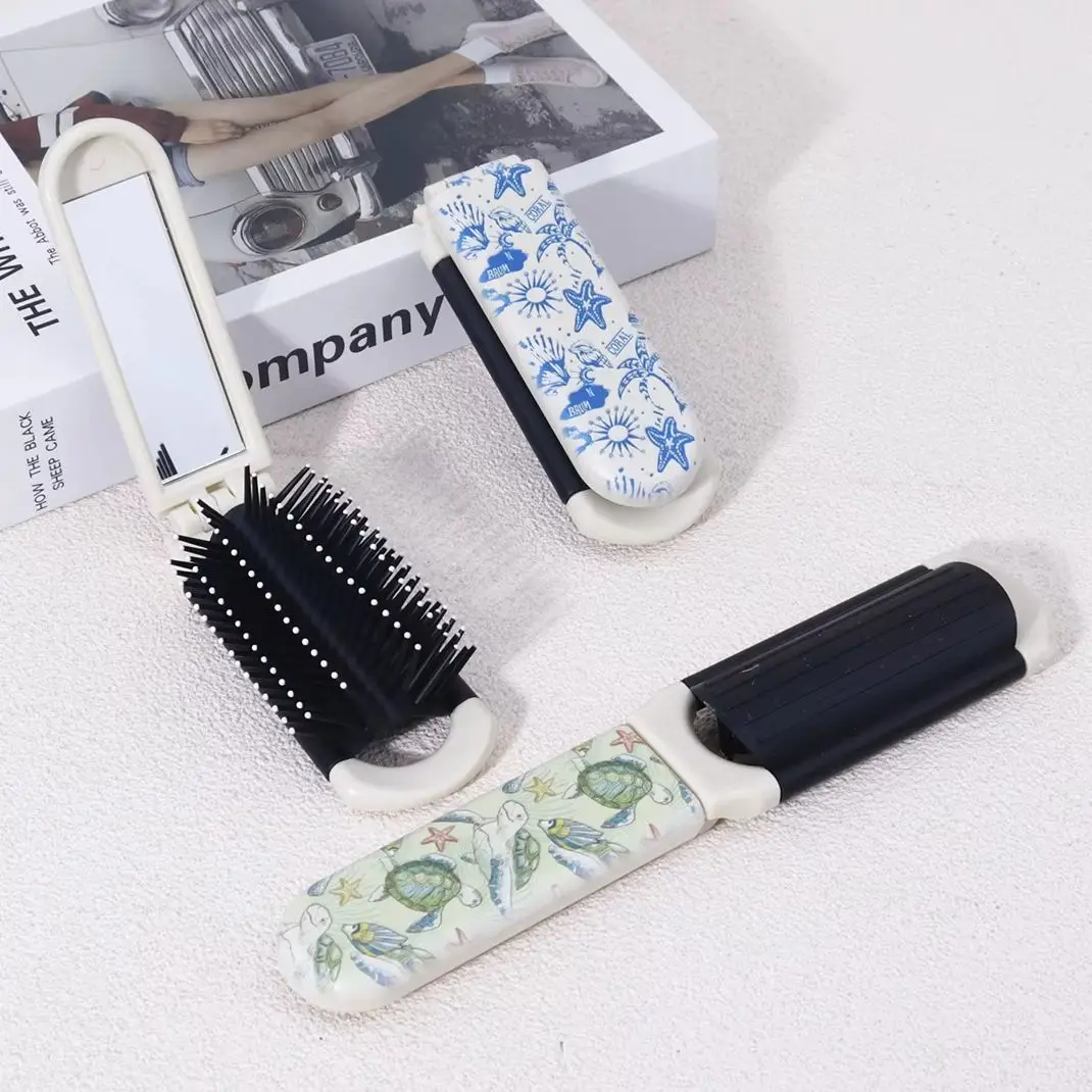 1pc オーシャンスタイルプリント折りたたみコーム - 帯電防止、ポータブルデザイン、優しいコーミングとスタイリング、本物の髪のかつらに特化